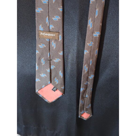 Yves Saint Laurent Silk Brown & Blue Geometric Patterned Tie - Picture 15 of 15